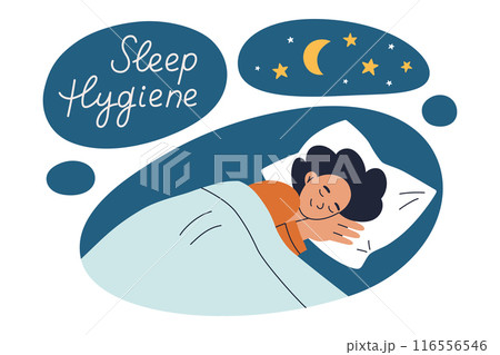 Sleep hygiene vector illustration, woman sleeping under blanket, night sky with moon and stars. Cozy bedtime routine, wellness, and self care. Cartoon style composition with hand lettering Sleep hygiene vector illustration, woman sleeping under blanket, night sky with moon and stars. Cozy bedtime routine, wellness, and self care. Cartoon style composition with hand lettering 116556546