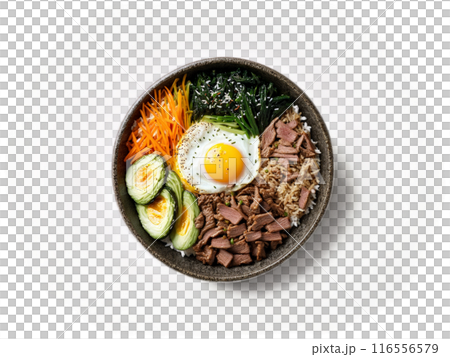 Bibimbap with rice vegetables beef and egg 116556579
