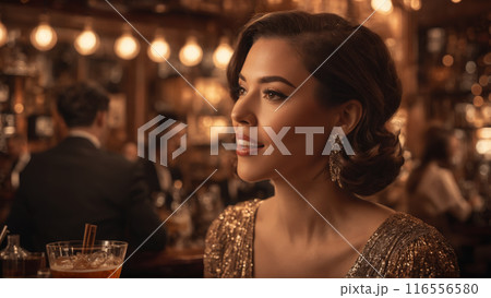 Excited woman discovering a hidden speakeasy vintage cocktails clinking jazz music notes floating warm sepia 116556580