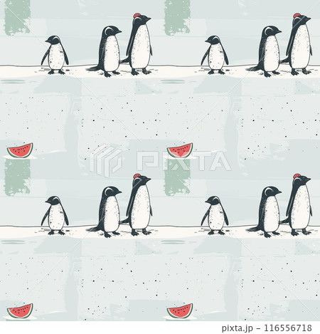 流氷の上を散歩するペンギンとスイカのパターンイラスト 116556718