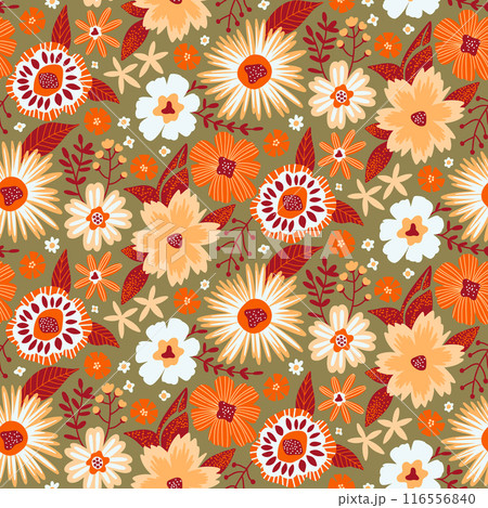 Floral Seamless Pattern in Flat Style in Orange, Olive Green, White, Dark Red, Sandy Brown Colors. Repeat Wallpaper Print Texture. Perfectly for Wrapping Paper, Textile, Fabric, Decor Ornament. 116556840