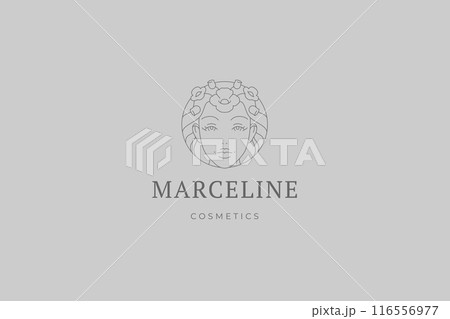 Female portrait with floral hair line logo design template for cosmetics brand vector Female portrait with floral hair line logo design template for cosmetics brand vector 116556977