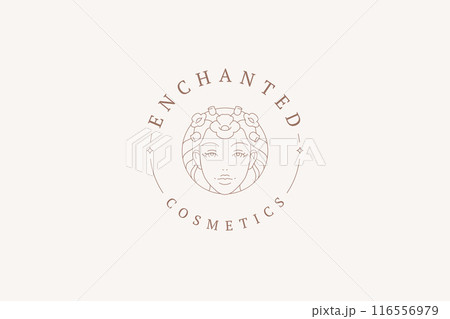 Beauty woman face with flower hair circle outline logo design template for coiffure vector Beauty woman face with flower hair circle outline logo design template for coiffure vector 116556979
