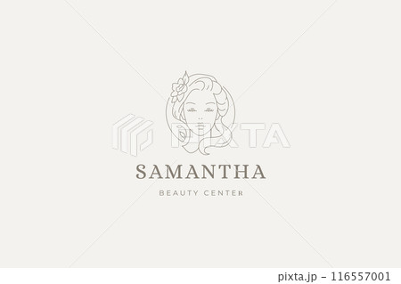 Romantic female face with flower in hair outline logo design template vector illustration Romantic female face with flower in hair outline logo design template vector illustration 116557001