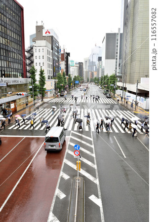 雨の日に田町駅西口交差点横断歩道を渡る人々 雨の日に田町駅西口交差点横断歩道を渡る人々 116557082