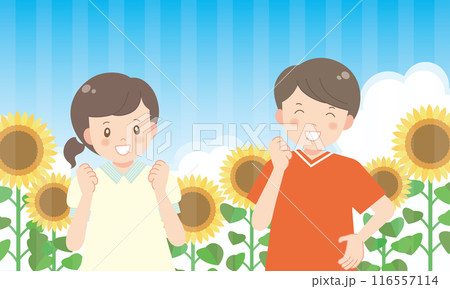 ひまわりに囲まれた笑顔の子供達 ひまわりに囲まれた笑顔の子供達 116557114