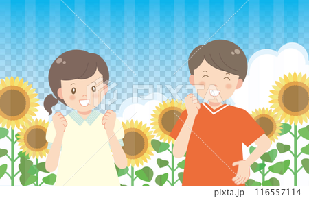 Smiling children surrounded by sunflowers Smiling children surrounded by sunflowers 116557114