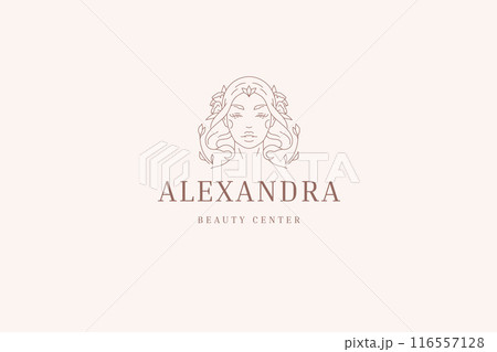 Romantic woman goddess portrait with flower line logo design template vector illustration Romantic woman goddess portrait with flower line logo design template vector illustration 116557128