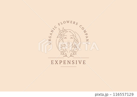 Beauty female portrait with flowers luxury outline logo design template vector illustration Beauty female portrait with flowers luxury outline logo design template vector illustration 116557129