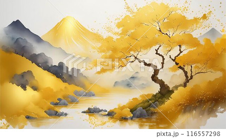 日本画　山　松　風景　墨絵　水墨画　水彩　金色　ブラシ　アート　和紙　背景素材 116557298