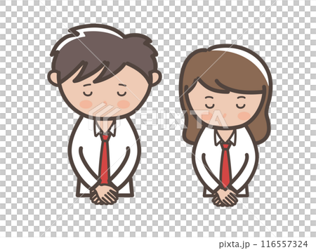 一對穿著制服的可愛男女高中夫婦低頭道歉的上半身插圖 116557324