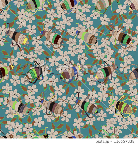 Seamless pattern of the aphid insects on floral background. Vector illustration. 116557339