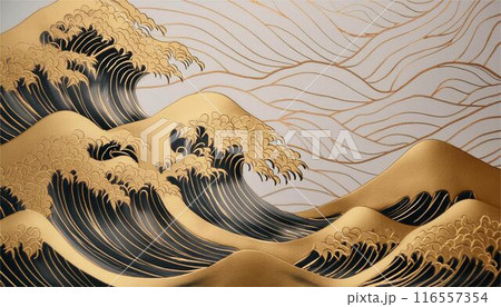 日本画 海 波 風景 墨絵 水墨画 水彩 金色 ブラシ アート 和紙 背景素材 日本画 海 波 風景 墨絵 水墨画 水彩 金色 ブラシ アート 和紙 背景素材 116557354