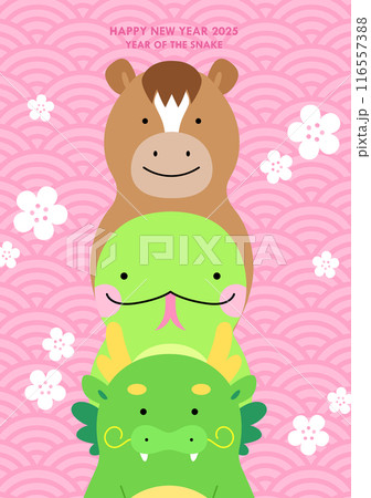 Happy chinese new year card with snake dragon and horse zodiac animals 116557388