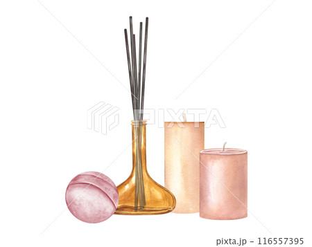 Scented candle, lavender bath bomb and diffuser. Two candles, bottle with reed sticks for aroma therapy. Watercolor illustration of aromatic spa elements. Perfect for wellness and relaxation themes. 116557395
