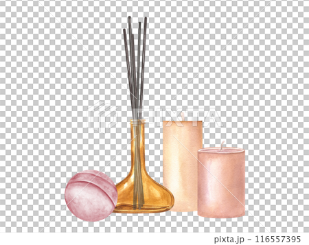 Scented candle, lavender bath bomb and diffuser. Two candles, bottle with reed sticks for aroma therapy. Watercolor illustration of aromatic spa elements. Perfect for wellness and relaxation themes. 116557395