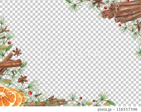 Aromatic winter dried spice among evergreen branch. Cinnamon sticks, orange slice, allspices, anise and clove. Horizontal frame with empty space for text. Watercolor illustration of punch ingredients 116557396