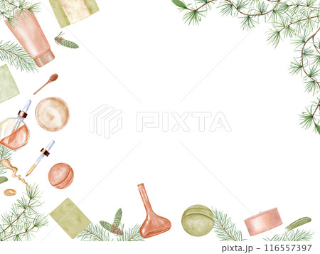 Face cream, serum, oil, soap and aromatic candle among evergreens and cones. Organic waterless self care and toxin free products. Watercolor illustration. Horizontal frame with copy space for text 116557397