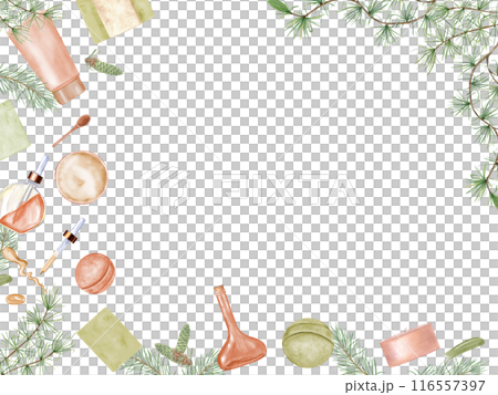 Face cream, serum, oil, soap and aromatic candle among evergreens and cones. Organic waterless self care and toxin free products. Watercolor illustration. Horizontal frame with copy space for text 116557397