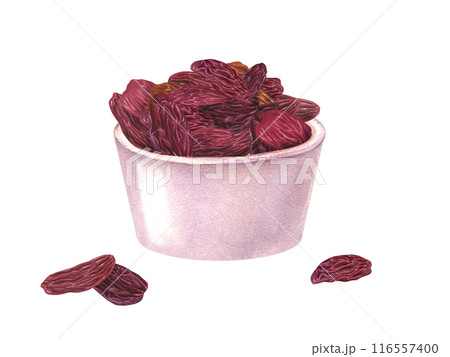 Pink ceramic bowl of dried fruits mix. Raw dry grapes or apricot. Sweet mix raisins or goji berries. Dried medlar fruit. Delicious natural vegan dessert. Watercolor illustration. Healthy snack. Pink ceramic bowl of dried fruits mix. Raw dry grapes or apricot. Sweet mix raisins or goji berries. Dried medlar fruit. Delicious natural vegan dessert. Watercolor illustration. Healthy snack. 116557400