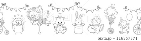 Seamless border with outline cute circus animals. Vintage characters for kids and nursery Seamless border with outline cute circus animals. Vintage characters for kids and nursery 116557571
