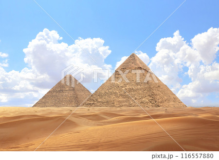 Famous Great Pyramids of Chephren and Cheops, Cairo, Egypt. Two of the three Great Pyramids, Giza pyramid complex (Giza Necropolis) 116557880