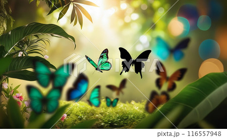 Butterflies in shades of green and orange dance in a sunlit garden, creating a vibrant and lively scene full of natural beauty. 116557948