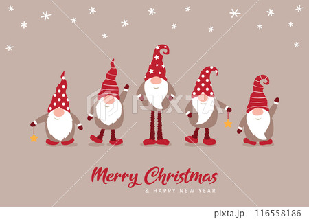 christmas greeting card with cute christmas dwarf in winter vector illustration 116558186