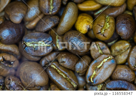Close-up shot of numerous roasted coffee beans, 116558347