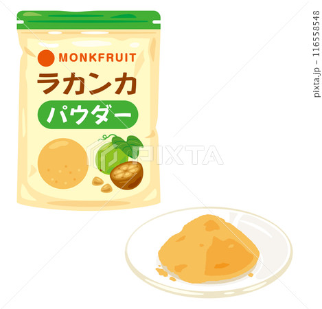 袋入りのラカンカパウダーと皿に盛られたラカンカパウダー 116558548