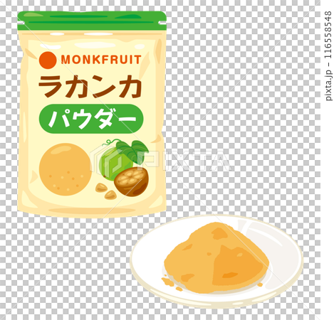 袋入りのラカンカパウダーと皿に盛られたラカンカパウダー 116558548