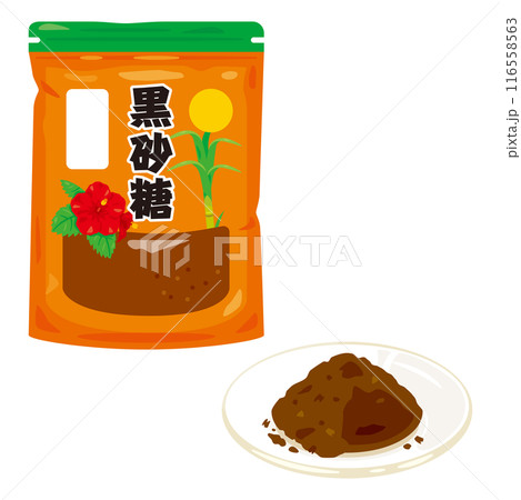 皿に盛られた粉末の黒砂糖と袋入りの粉末の黒砂糖 116558563