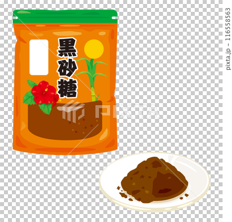皿に盛られた粉末の黒砂糖と袋入りの粉末の黒砂糖 116558563