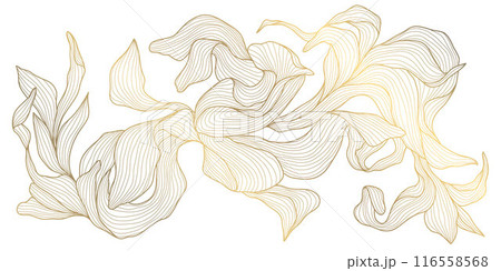 Vector line floral texture, gold leaf ornament, Japanese dynamic luxury decor element. Modern graphic botanical drawing. 116558568