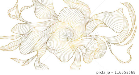 Vector line floral texture, gold leaf ornament, Japanese dynamic luxury decor element. Modern graphic botanical drawing. 116558569