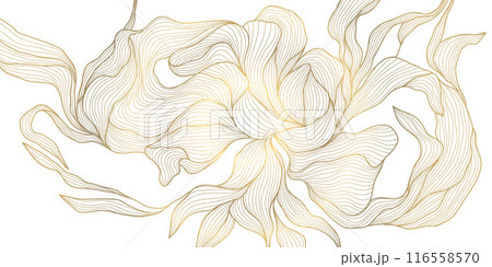 Vector line floral texture, gold leaf ornament, Japanese dynamic luxury decor element. Modern graphic botanical drawing. 116558570