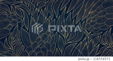 Vector gold leaf pattern, luxury art deco line design. Nature, jungle ornament, leaves texture wallpaper, fancy plant illustration 116558571