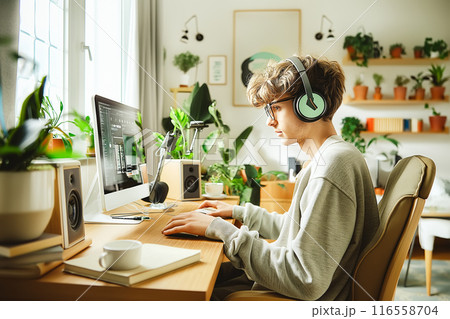 Young man working in a modern home office environment, wearing headphones and working on computer. 116558704