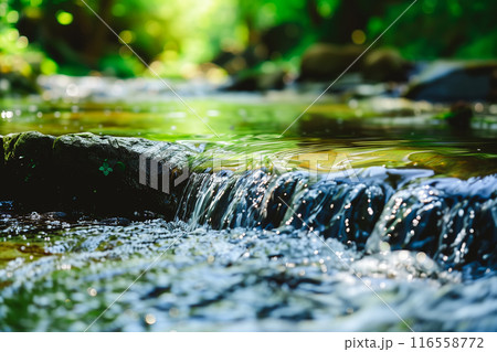 Serene nature scene featuring a small waterfall flowing over rocks in a lush forest setting Serene nature scene featuring a small waterfall flowing over rocks in a lush forest setting 116558772