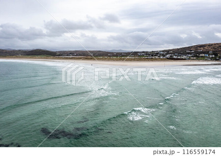 Aerial view of Narin beach during a misty and hazy winter day - Portnoo, County Donegal, Ireland Aerial view of Narin beach during a misty and hazy winter day - Portnoo, County Donegal, Ireland 116559174