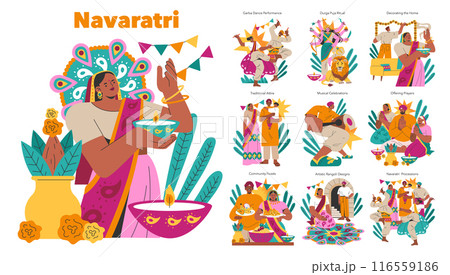 Navaratri set. Hindu festival celebration with rituals, dance, and colorful cultural moments. Festive traditions come alive in India. Vector illustration. 116559186