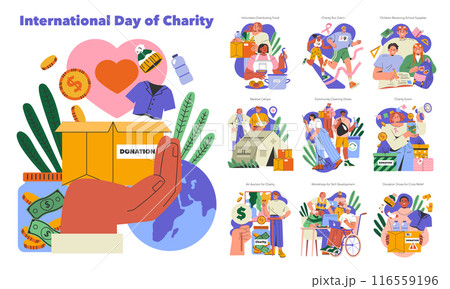 International Day of Charity set. Compassionate acts and fundraising events. Global generosity through donations, medical aid, and community service. Vector illustration. 116559196