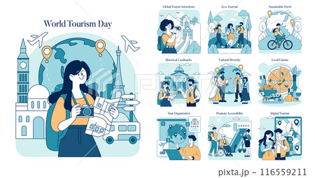 World Tourism Day concept. Celebrating the spirit of travel through global attractions, cultural experiences, and sustainable practices. Vector illustration. 116559211