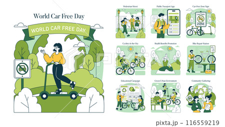 World Car Free Day concept set illustrating eco-friendly transportation options and urban lifestyle changes. Promotes walking, cycling, and public transit. Vector illustration. 116559219