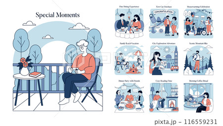 Special Moments set. Illustrations of life's cherished experiences, from serene solitude to festive gatherings. Relaxation, celebration, adventure, and daily rituals captured. Vector illustration. 116559231