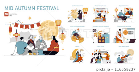 Mid Autumn Festival set. Celebrations, traditional customs, and modern practices. Family gatherings, mooncakes, and charity events. Vector illustration. 116559237