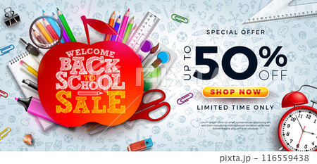 Back to School Sale Design with Alarm Clock, Apple Symbol and School Items on Hand Drawn Doodles Background. Vector Education Business Concept Illustration with Special Offer Typography Elements for Back to School Sale Design with Alarm Clock, Apple Symbol and School Items on Hand Drawn Doodles Background. Vector Education Business Concept Illustration with Special Offer Typography Elements for 116559438