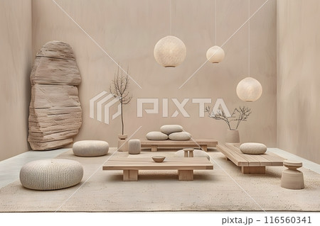 Japanese modern interior design room. Indoor living in Muji design style. 116560341