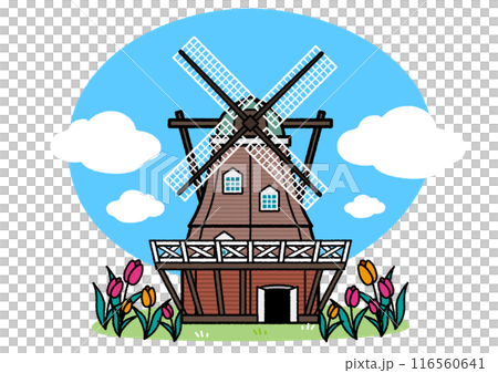 Illustration of the windmill and tulips at Funabashi Andersen Park in Funabashi, Chiba Prefecture 116560641