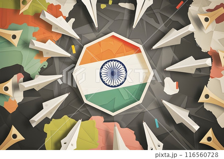 India Flag with map and pin. 2D flat illustration design. 116560728